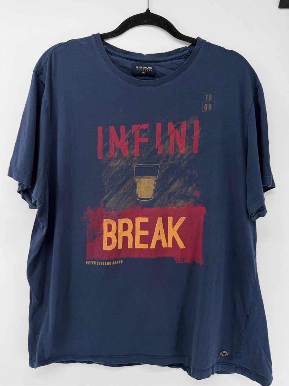 Peter England Jeans T-Shirt Men's 3XL Blue Graphic Tee Infini Break Short Sleeve